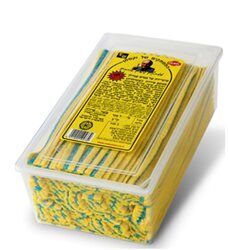 לקריץ שטוח בטעם פירות כחול\צהוב - 1.3 קילו כ-165 יחידות. כ- 0.23 אג' ליחידה.